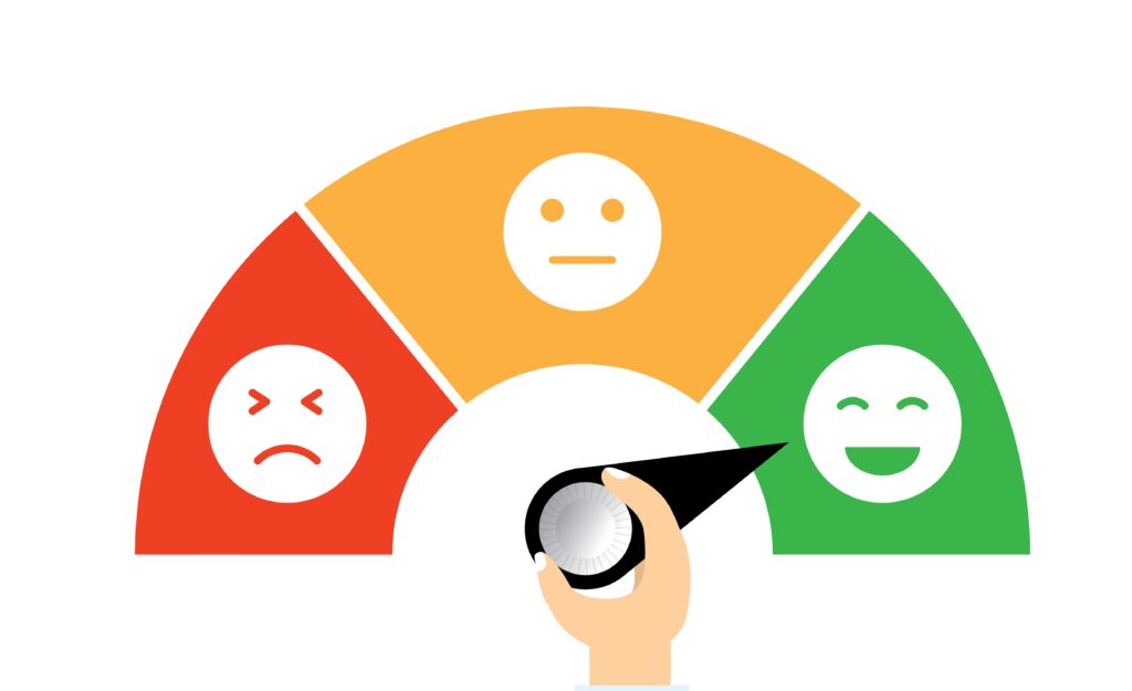 Graphic of a hand moving across an array of smiley faces from (left) bad to (right) good